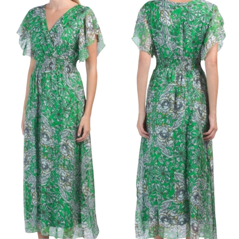 NWT Le Ragazze Floral Maxi Dress Airy Silk Blend Feminine Kelly Green Wo…